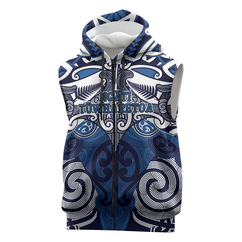 Personalised Maori Ngati Tuwharetoa Sleeveless Zip Hoodie Silver Fern Kowhaiwhai Art LT01 Blue - Polynesian Pride