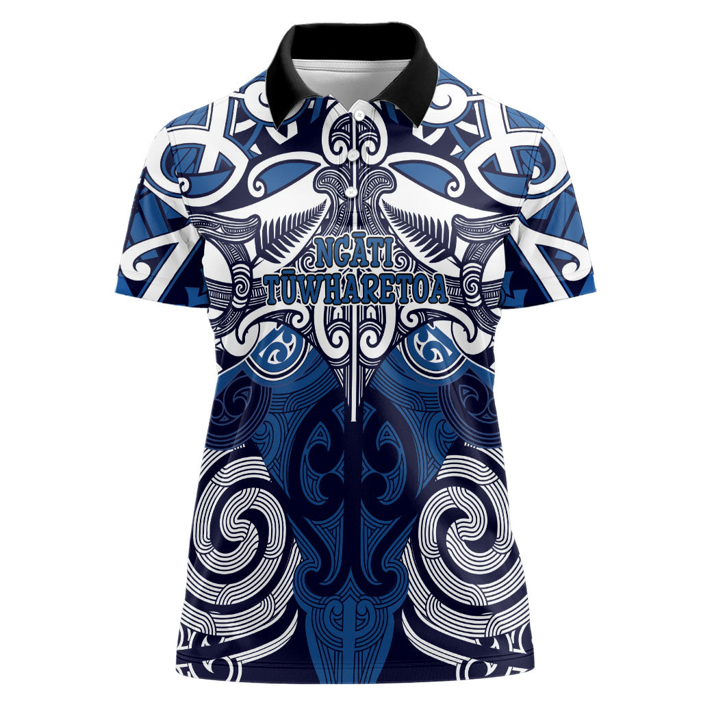 Personalised Maori Ngati Tuwharetoa Women Polo Shirt Silver Fern Kowhaiwhai Art LT01 Female Blue - Polynesian Pride