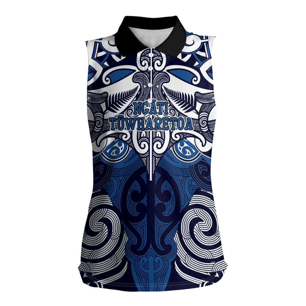 Personalised Maori Ngati Tuwharetoa Women Sleeveless Polo Shirt Silver Fern Kowhaiwhai Art LT01 Female Blue - Polynesian Pride