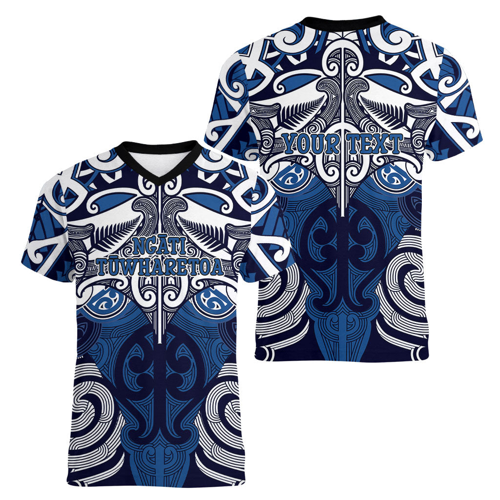 Personalised Maori Ngati Tuwharetoa Women V-Neck T-Shirt Silver Fern Kowhaiwhai Art LT01 - Polynesian Pride