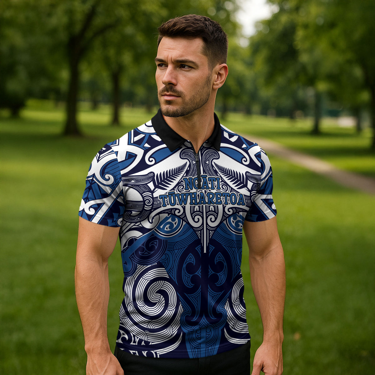 Personalised Maori Ngati Tuwharetoa Zipper Polo Shirt Silver Fern Kowhaiwhai Art LT01 - Polynesian Pride