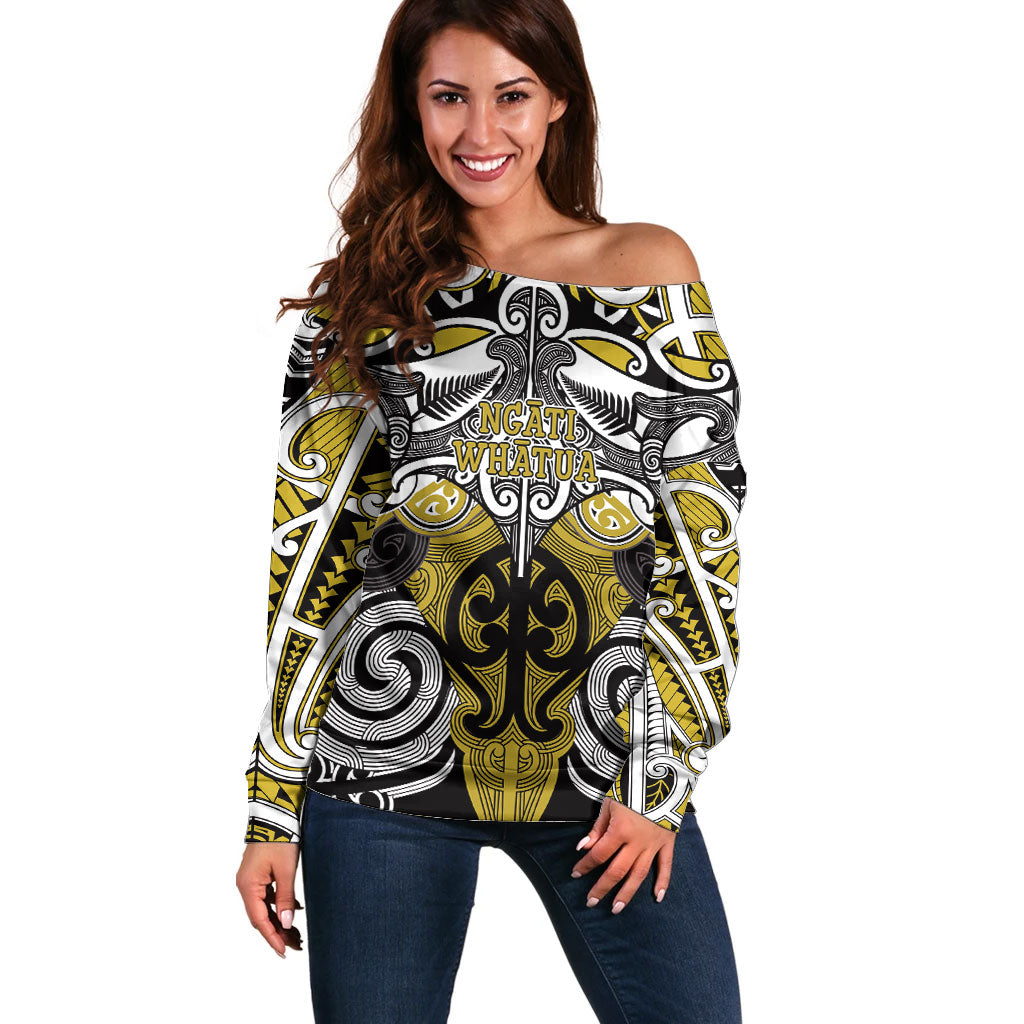Personalised Maori Ngati Whatua Off Shoulder Sweater Silver Fern Kowhaiwhai Art LT01 Women Yellow - Polynesian Pride