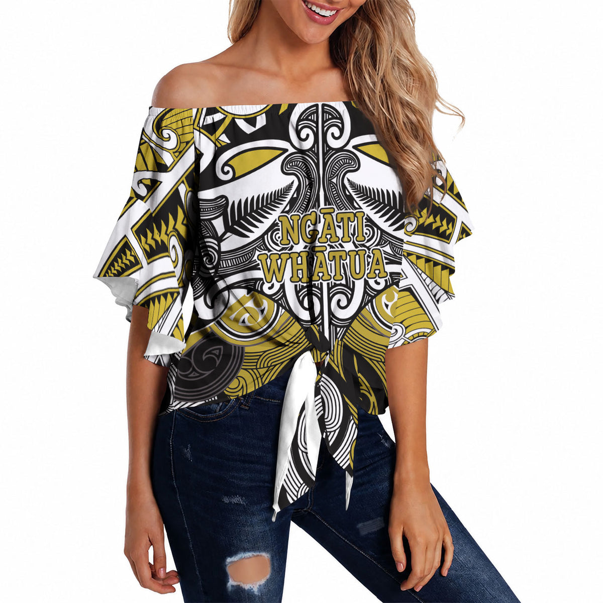 Personalised Maori Ngati Whatua Off Shoulder Wrap Waist Top Silver Fern Kowhaiwhai Art LT01 Yellow - Polynesian Pride