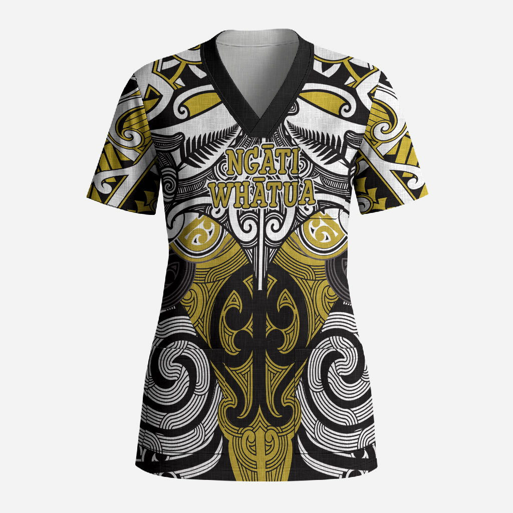 Personalised Maori Ngati Whatua Scrub Top Silver Fern Kowhaiwhai Art LT01 Adult Yellow - Polynesian Pride