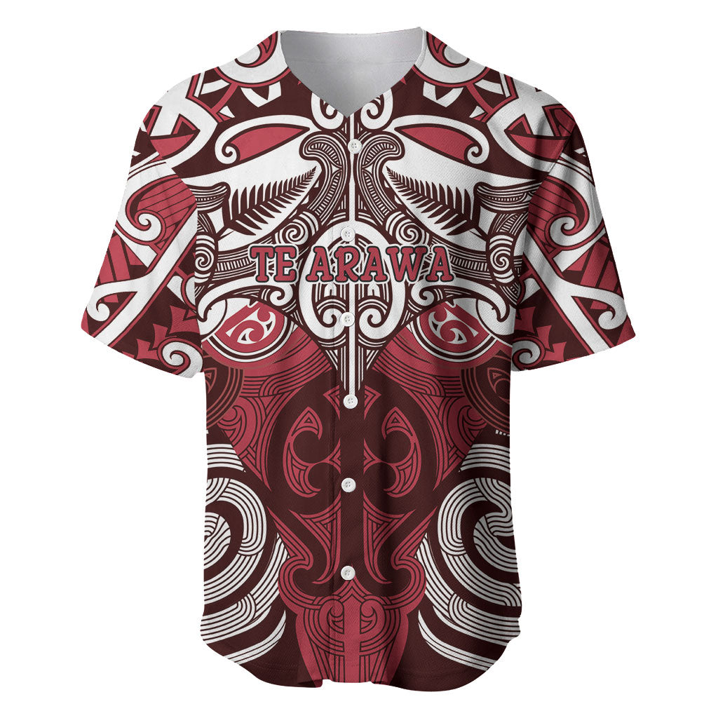 Personalised Maori Te Arawa Baseball Jersey Silver Fern Kowhaiwhai Art LT01 Red - Polynesian Pride