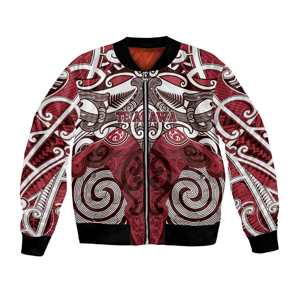 Personalised Maori Te Arawa Bomber Jacket Silver Fern Kowhaiwhai Art LT01 Unisex Red - Polynesian Pride