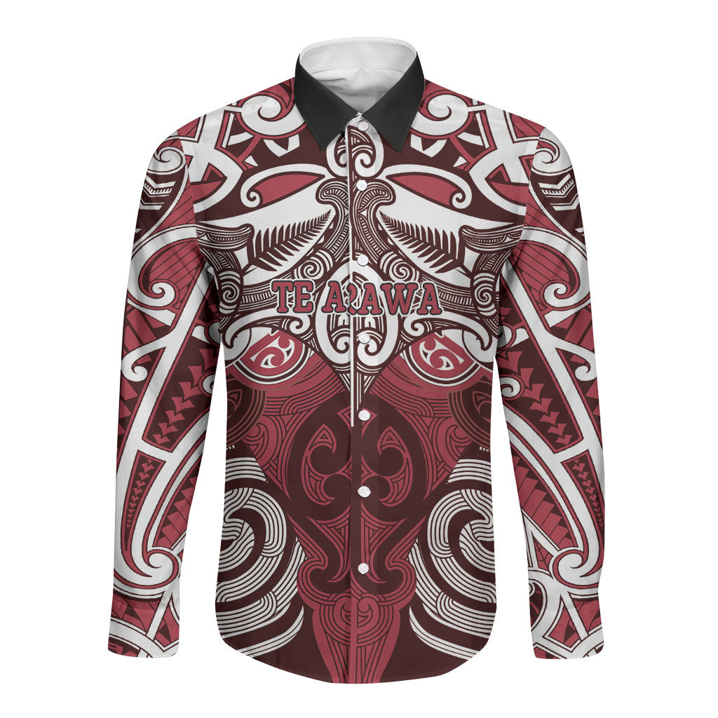 Personalised Maori Te Arawa Long Sleeve Button Shirt Silver Fern Kowhaiwhai Art LT01 Unisex Red - Polynesian Pride