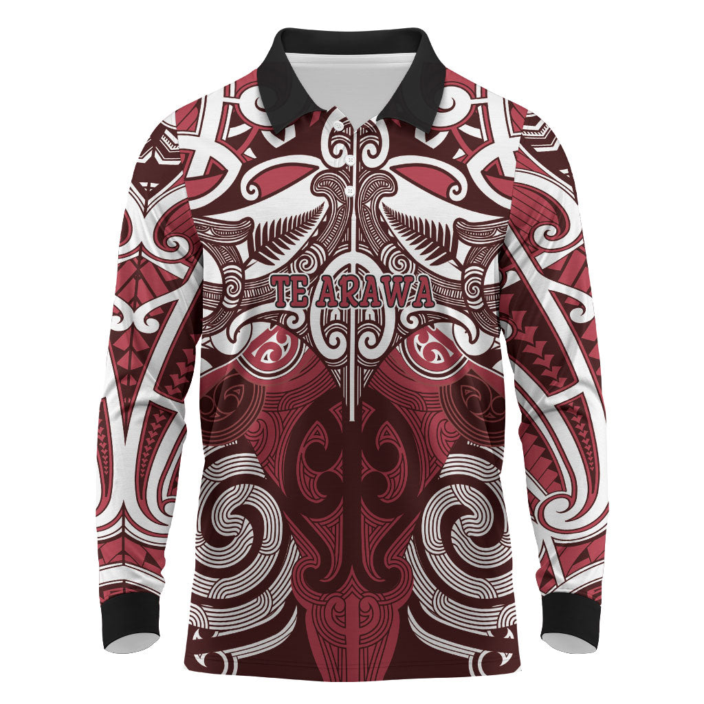 Personalised Maori Te Arawa Long Sleeve Polo Shirt Silver Fern Kowhaiwhai Art LT01 Red - Polynesian Pride