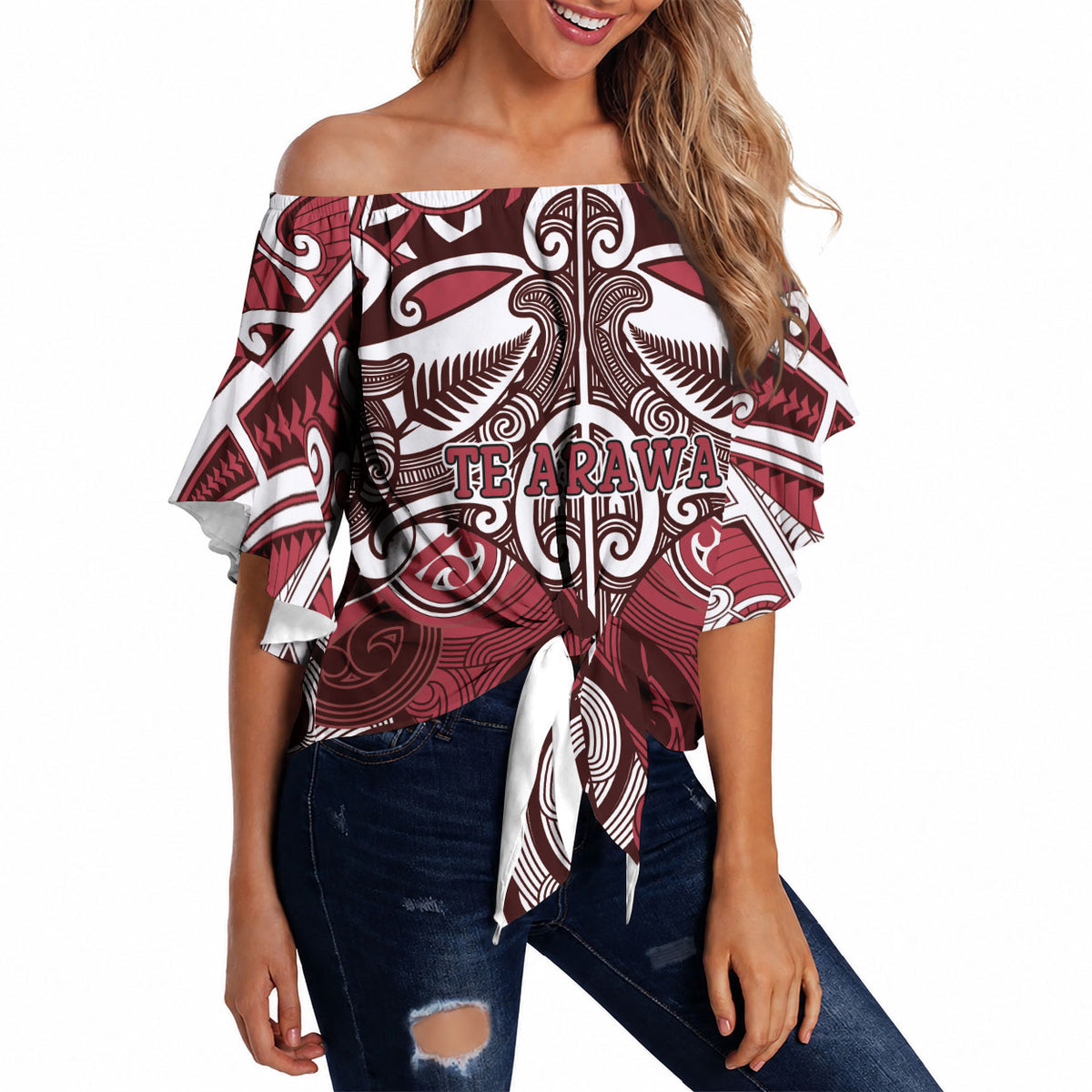 Personalised Maori Te Arawa Off Shoulder Wrap Waist Top Silver Fern Kowhaiwhai Art LT01 Red - Polynesian Pride