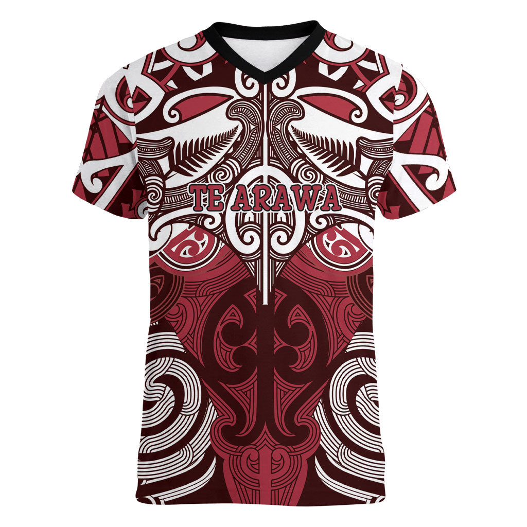 Personalised Maori Te Arawa Women V-Neck T-Shirt Silver Fern Kowhaiwhai Art LT01 Female Red - Polynesian Pride