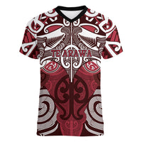 Personalised Maori Te Arawa Women V-Neck T-Shirt Silver Fern Kowhaiwhai Art LT01 Female Red - Polynesian Pride