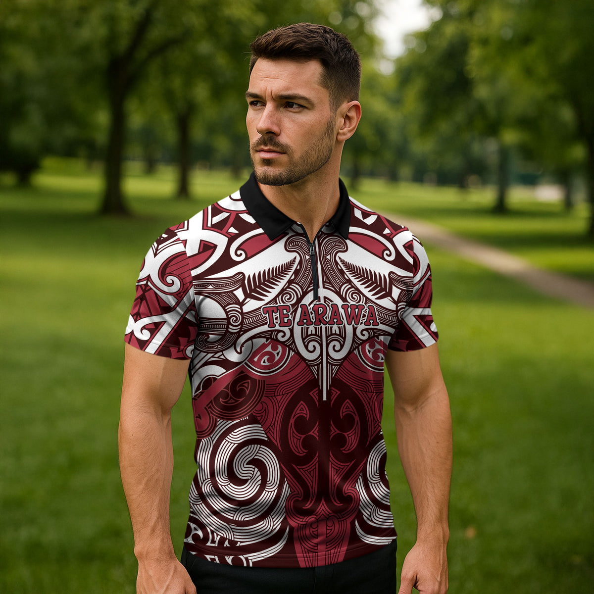 Personalised Maori Te Arawa Zipper Polo Shirt Silver Fern Kowhaiwhai Art LT01 - Polynesian Pride