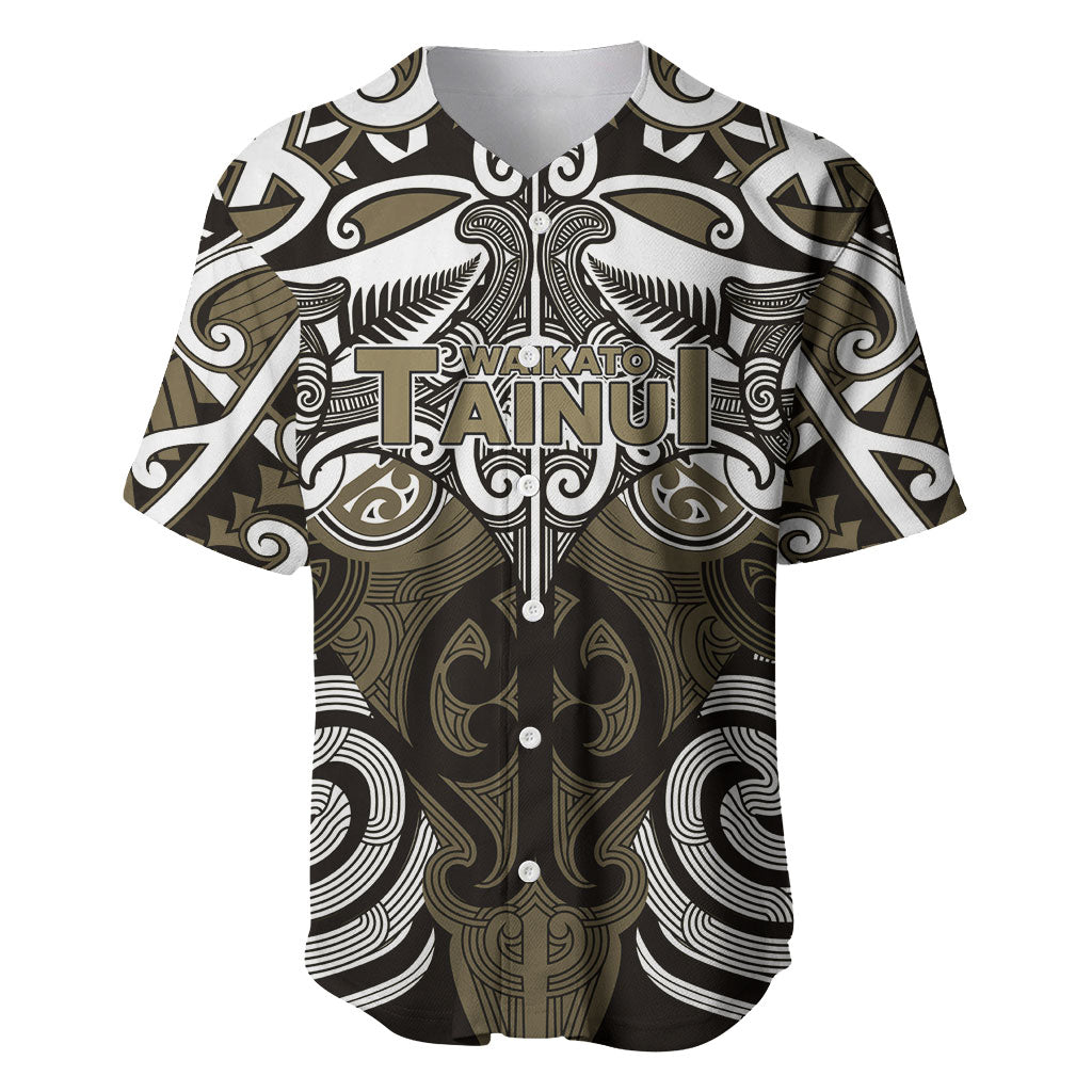 Personalised Maori Waikato Tainui Baseball Jersey Silver Fern Kowhaiwhai Art LT01 Muted Gold - Polynesian Pride