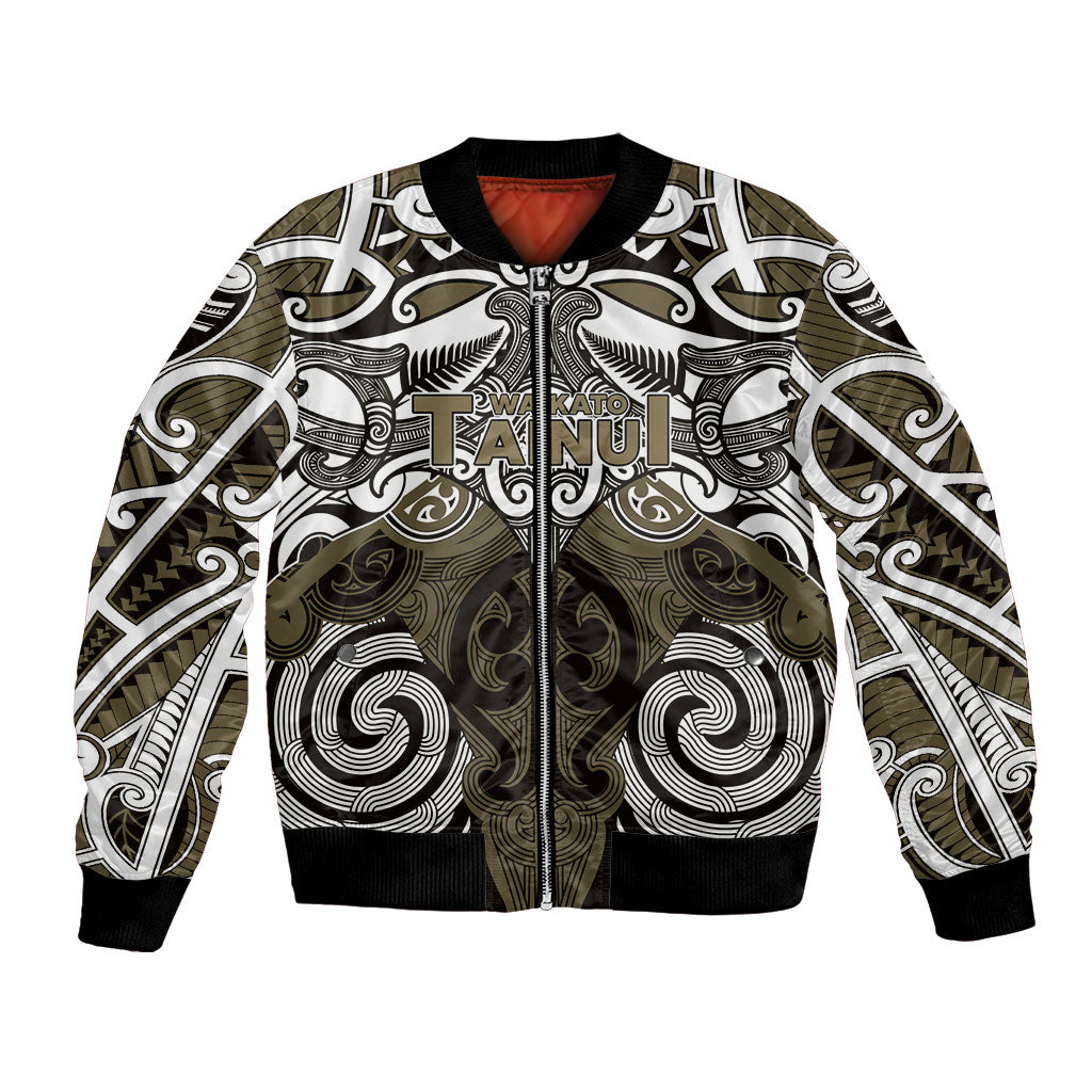Personalised Maori Waikato Tainui Bomber Jacket Silver Fern Kowhaiwhai Art LT01 Unisex Muted Gold - Polynesian Pride