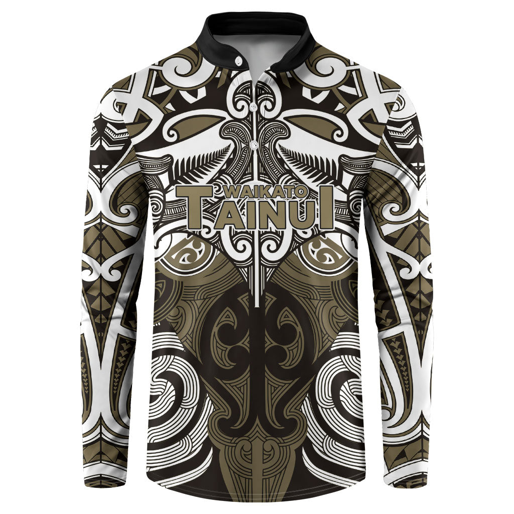 Personalised Maori Waikato Tainui Button Sweatshirt Silver Fern Kowhaiwhai Art LT01 Muted Gold - Polynesian Pride