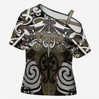 Personalised Maori Waikato Tainui Cross Shoulder Shirt Silver Fern Kowhaiwhai Art LT01 Female Muted Gold - Polynesian Pride