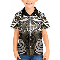 Personalised Maori Waikato Tainui Kid Hawaiian Shirt Silver Fern Kowhaiwhai Art LT01 Kid Muted Gold - Polynesian Pride