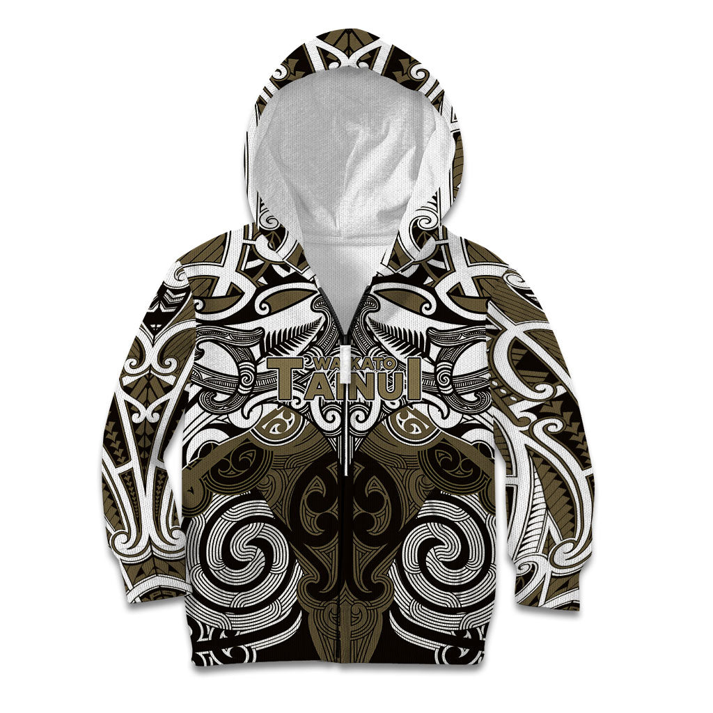 Personalised Maori Waikato Tainui Kid Hoodie Silver Fern Kowhaiwhai Art LT01 Zip Hoodie Muted Gold - Polynesian Pride
