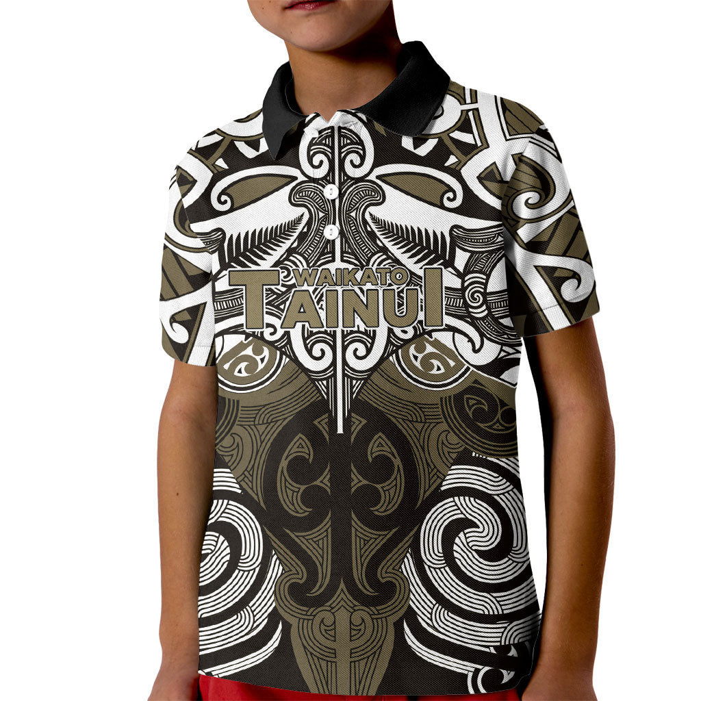 Personalised Maori Waikato Tainui Kid Polo Shirt Silver Fern Kowhaiwhai Art LT01 Kid Muted Gold - Polynesian Pride