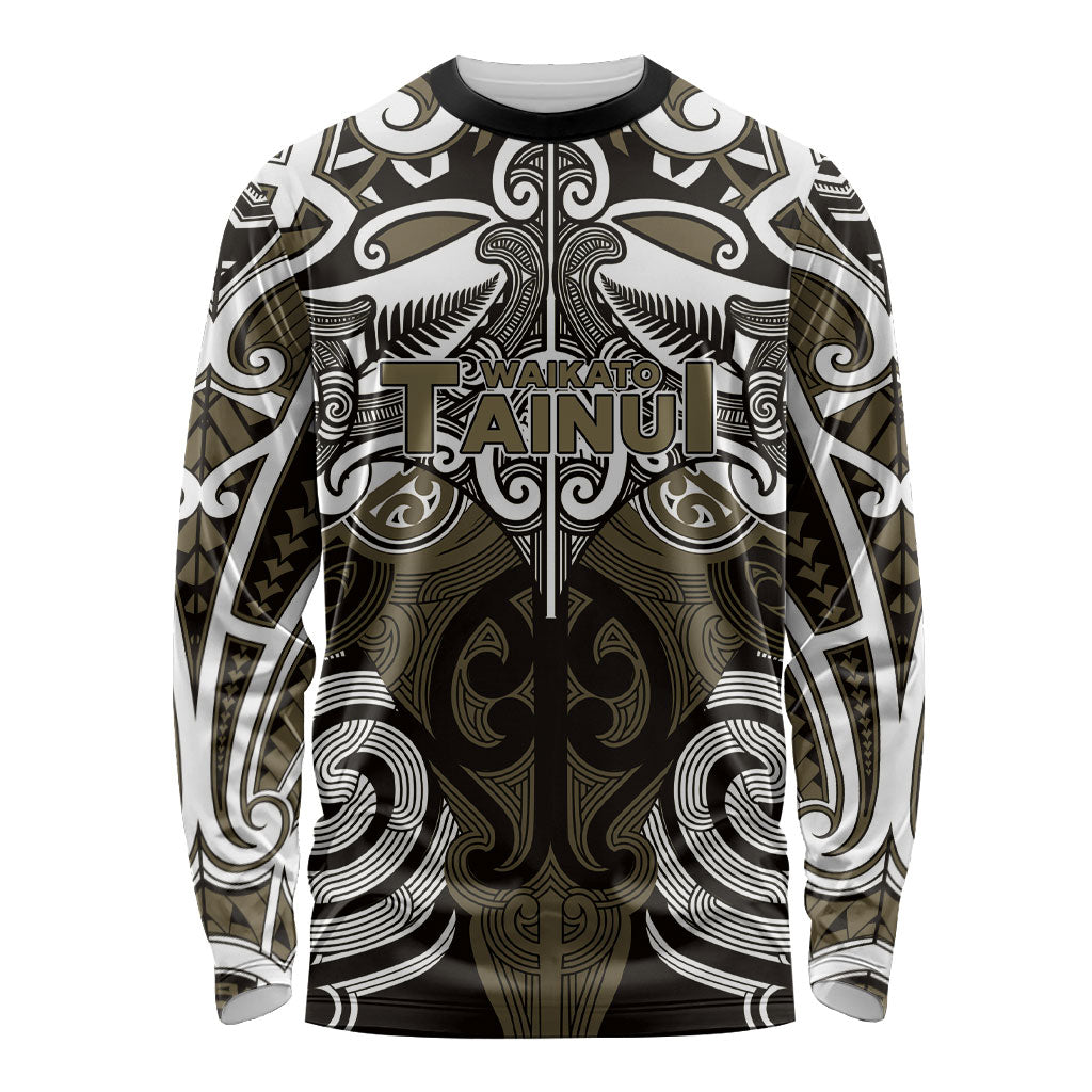 Personalised Maori Waikato Tainui Long Sleeve Shirt Silver Fern Kowhaiwhai Art LT01 Unisex Muted Gold - Polynesian Pride