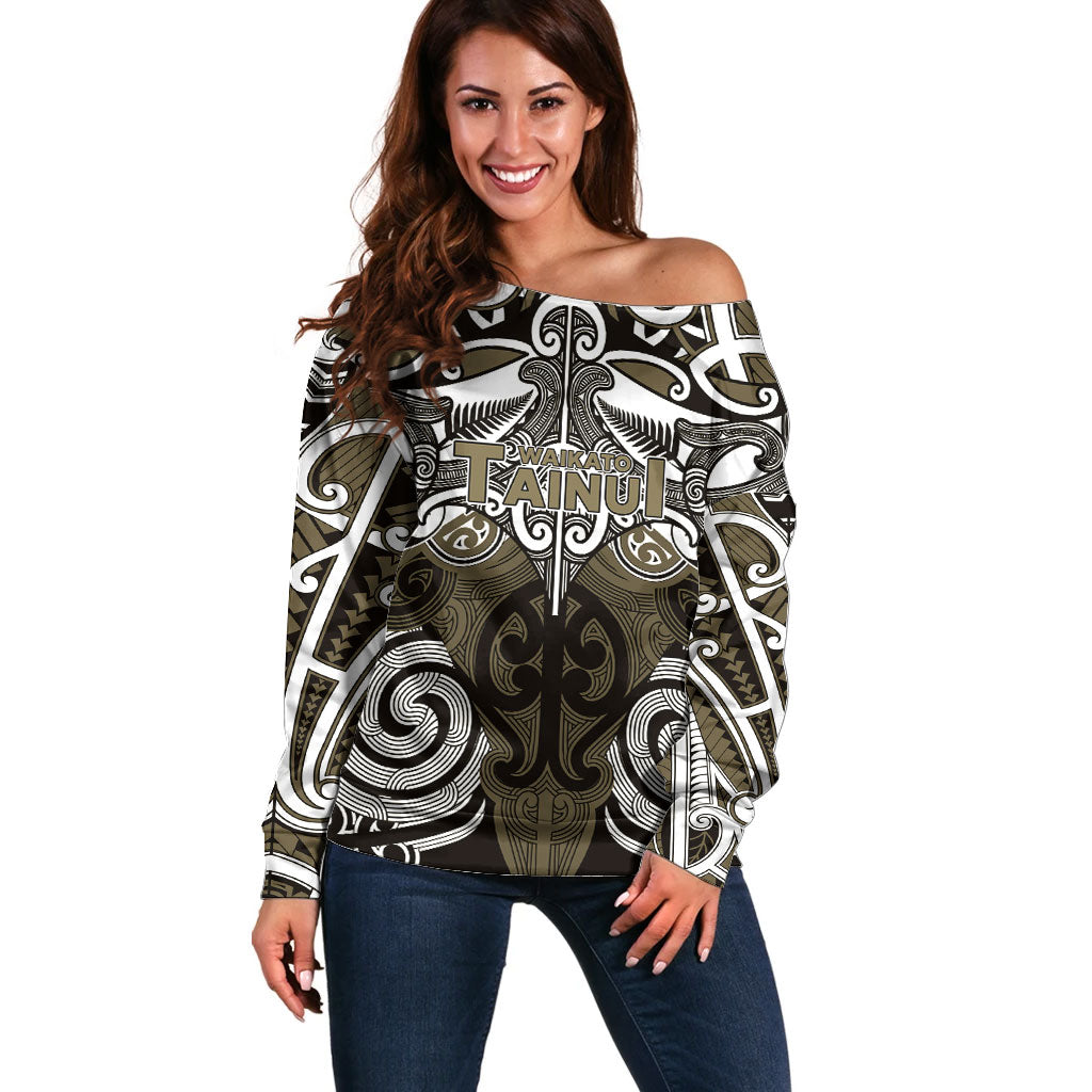 Personalised Maori Waikato Tainui Off Shoulder Sweater Silver Fern Kowhaiwhai Art LT01 Women Muted Gold - Polynesian Pride