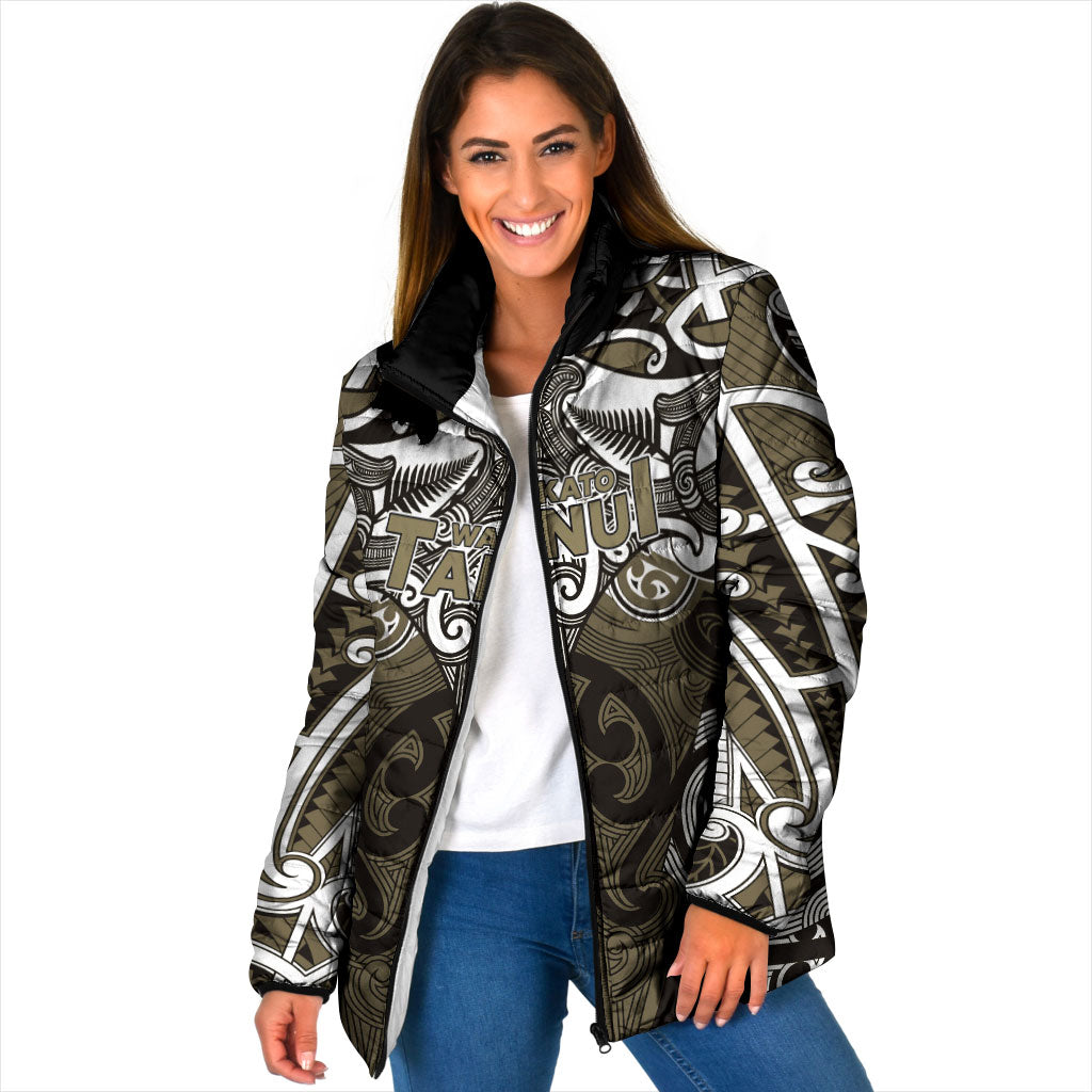 Personalised Maori Waikato Tainui Padded Jacket Silver Fern Kowhaiwhai Art LT01 Women Muted Gold - Polynesian Pride