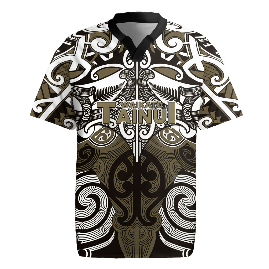 Personalised Maori Waikato Tainui Rugby Jersey Silver Fern Kowhaiwhai Art LT01 Muted Gold - Polynesian Pride