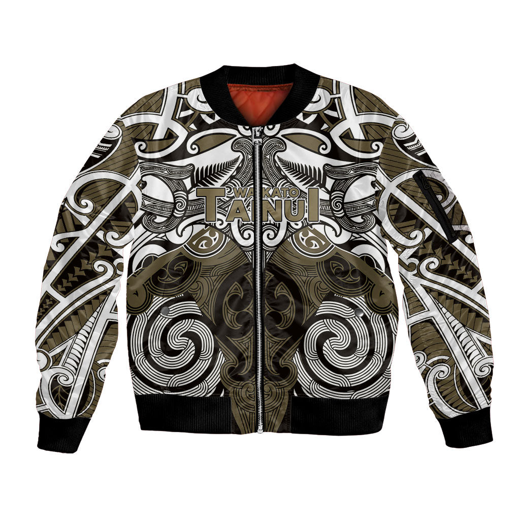 Personalised Maori Waikato Tainui Sleeve Zip Bomber Jacket Silver Fern Kowhaiwhai Art LT01 Unisex Muted Gold - Polynesian Pride