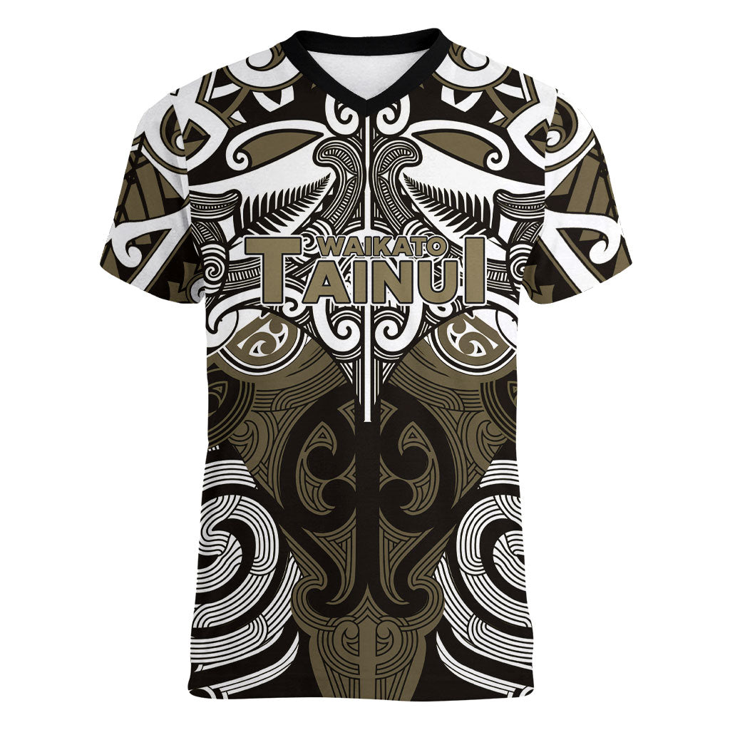 Personalised Maori Waikato Tainui Women V-Neck T-Shirt Silver Fern Kowhaiwhai Art LT01 Female Muted Gold - Polynesian Pride