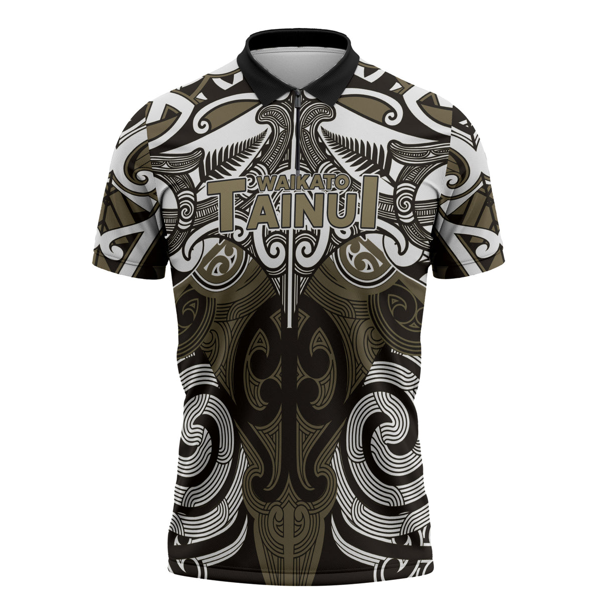 Personalised Maori Waikato Tainui Zipper Polo Shirt Silver Fern Kowhaiwhai Art LT01 Muted Gold - Polynesian Pride