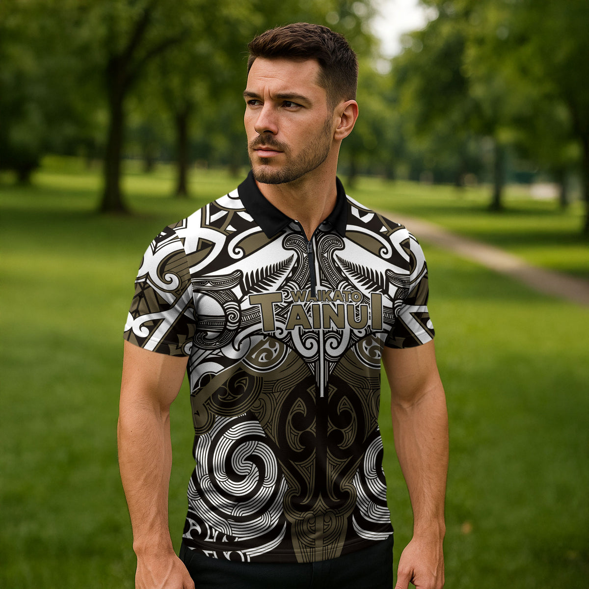 Personalised Maori Waikato Tainui Zipper Polo Shirt Silver Fern Kowhaiwhai Art LT01 - Polynesian Pride