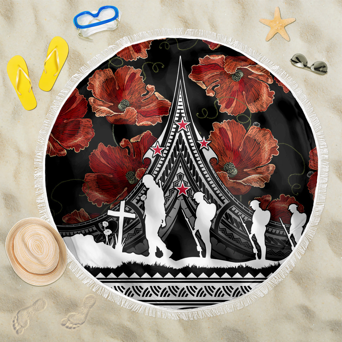 New Zealand ANZAC Day Beach Blanket Poppy With Polynesian Pattern LT01 One Size 150cm Black - Polynesian Pride