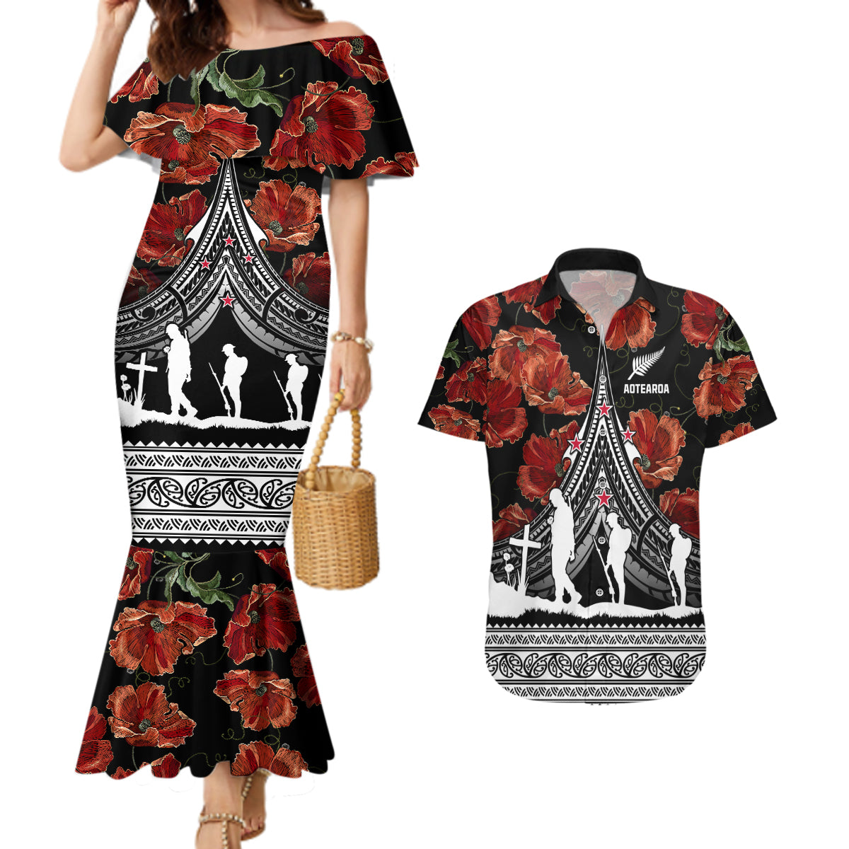 New Zealand ANZAC Day Couples Matching Mermaid Dress and Hawaiian Shirt Poppy With Polynesian Pattern LT01 Black - Polynesian Pride