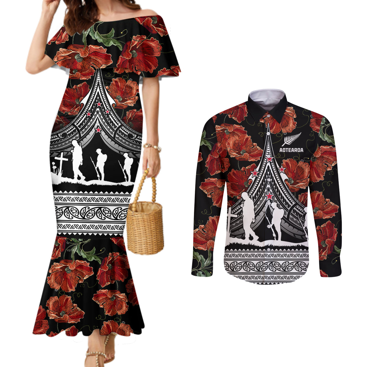 New Zealand ANZAC Day Couples Matching Mermaid Dress and Long Sleeve Button Shirt Poppy With Polynesian Pattern LT01 Black - Polynesian Pride