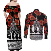 New Zealand ANZAC Day Couples Matching Off Shoulder Maxi Dress and Long Sleeve Button Shirt Poppy With Polynesian Pattern LT01 - Polynesian Pride