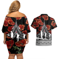 New Zealand ANZAC Day Couples Matching Off Shoulder Short Dress and Hawaiian Shirt Poppy With Polynesian Pattern LT01 - Polynesian Pride