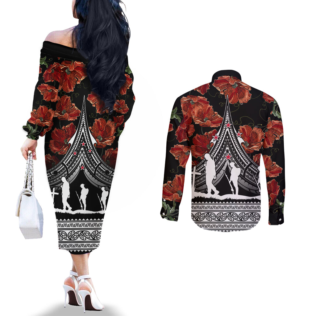 New Zealand ANZAC Day Couples Matching Off The Shoulder Long Sleeve Dress and Long Sleeve Button Shirt Poppy With Polynesian Pattern LT01 - Polynesian Pride