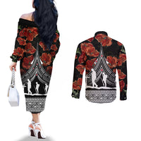 New Zealand ANZAC Day Couples Matching Off The Shoulder Long Sleeve Dress and Long Sleeve Button Shirt Poppy With Polynesian Pattern LT01 - Polynesian Pride
