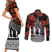 New Zealand ANZAC Day Couples Matching Short Sleeve Bodycon Dress and Long Sleeve Button Shirt Poppy With Polynesian Pattern LT01 - Polynesian Pride