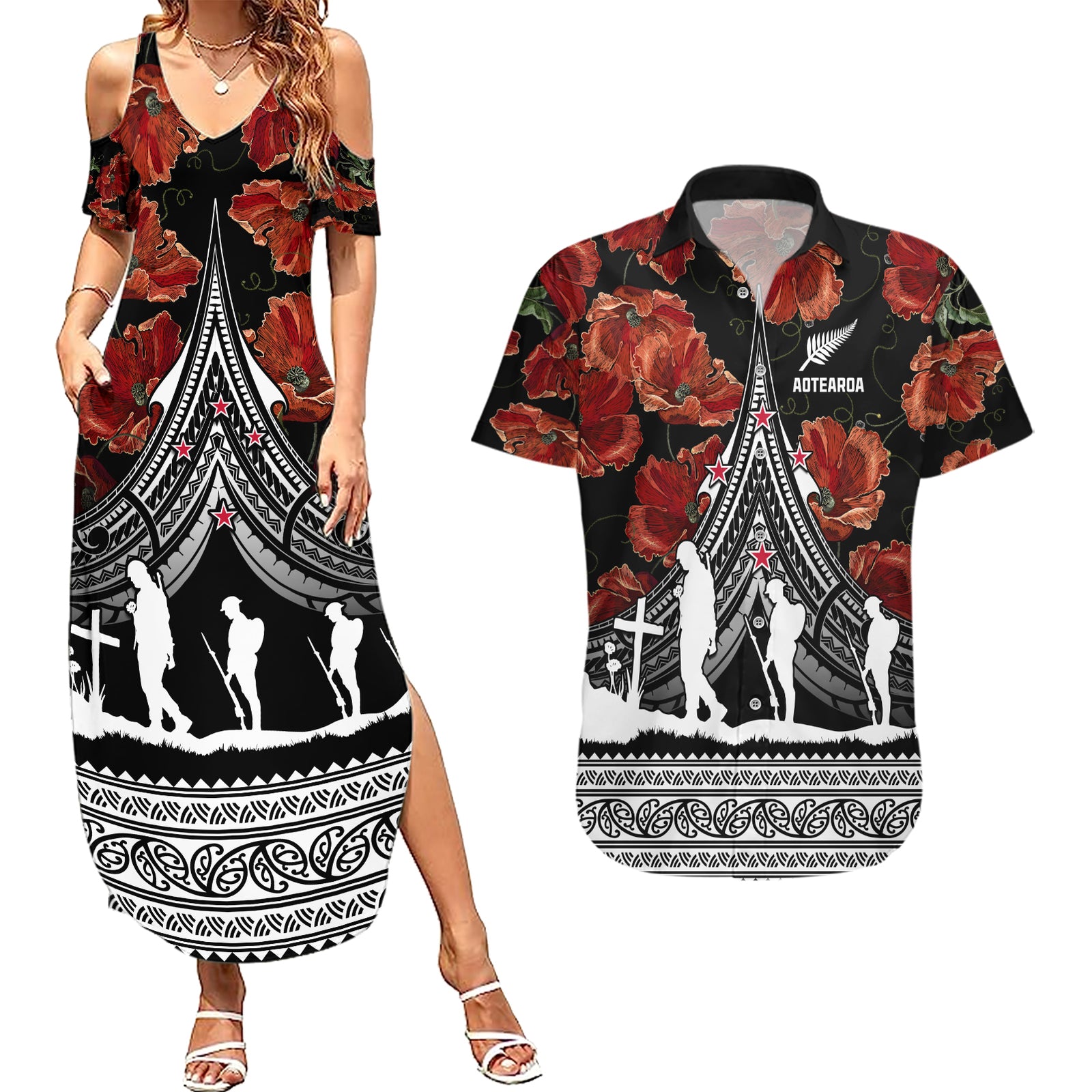 New Zealand ANZAC Day Couples Matching Summer Maxi Dress and Hawaiian Shirt Poppy With Polynesian Pattern LT01 Black - Polynesian Pride