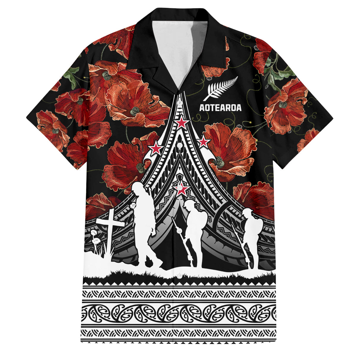 New Zealand ANZAC Day Family Matching Off Shoulder Short Dress and Hawaiian Shirt Poppy With Polynesian Pattern LT01 Dad's Shirt - Short Sleeve Black - Polynesian Pride