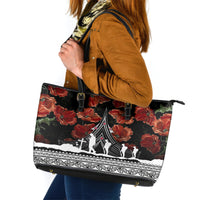 New Zealand ANZAC Day Leather Tote Bag Poppy With Polynesian Pattern LT01 Black - Polynesian Pride