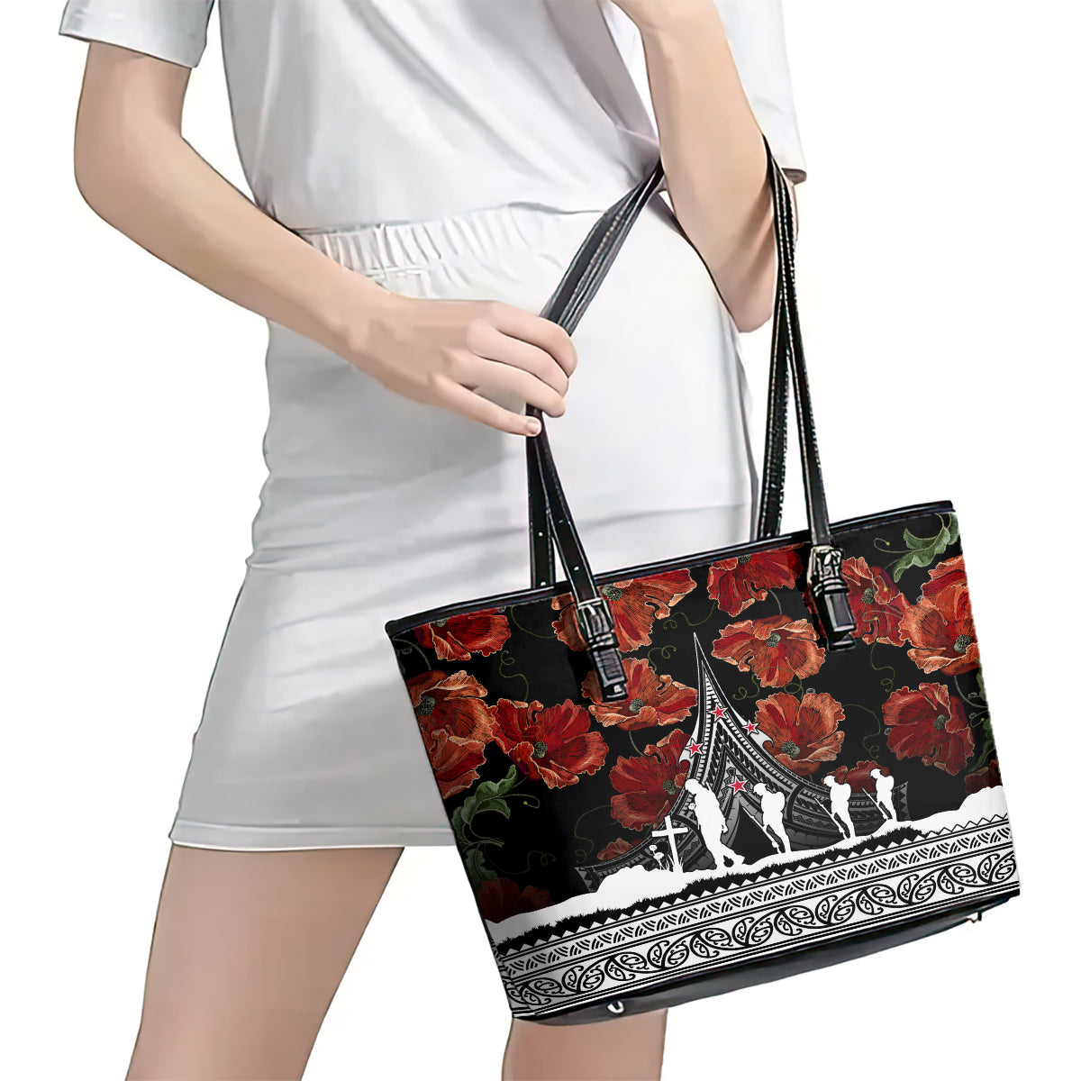 New Zealand ANZAC Day Leather Tote Bag Poppy With Polynesian Pattern LT01 - Polynesian Pride