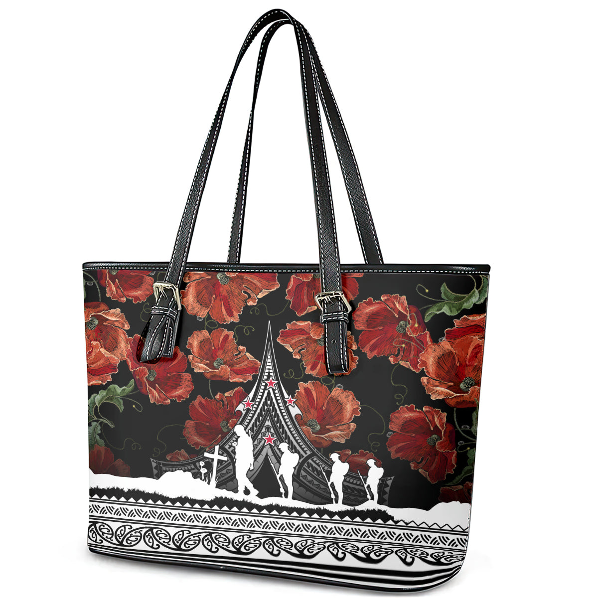 New Zealand ANZAC Day Leather Tote Bag Poppy With Polynesian Pattern LT01 - Polynesian Pride