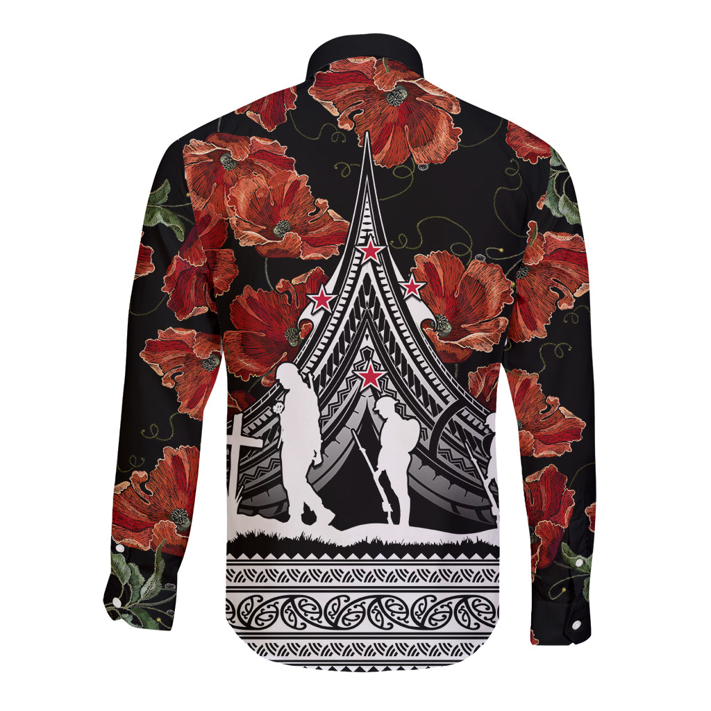 New Zealand ANZAC Day Long Sleeve Button Shirt Poppy With Polynesian Pattern LT01 - Polynesian Pride