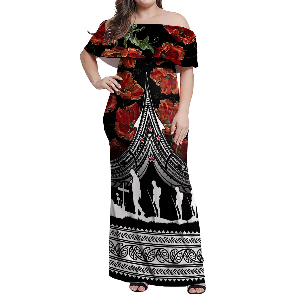 New Zealand ANZAC Day Off Shoulder Maxi Dress Poppy With Polynesian Pattern LT01 Women Black - Polynesian Pride