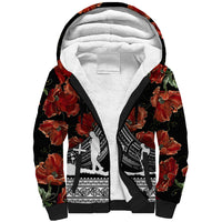 New Zealand ANZAC Day Sherpa Hoodie Poppy With Polynesian Pattern LT01 Unisex Black - Polynesian Pride