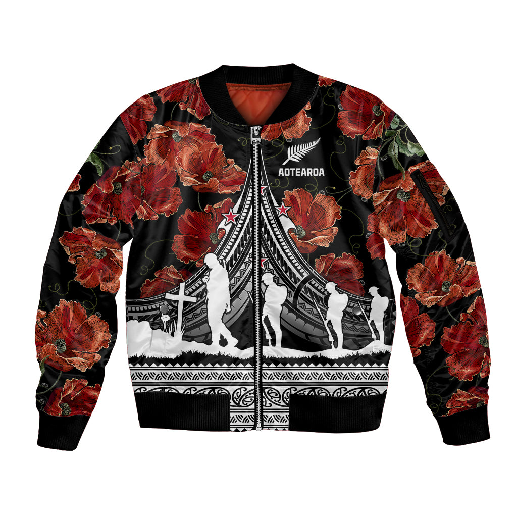 New Zealand ANZAC Day Sleeve Zip Bomber Jacket Poppy With Polynesian Pattern LT01 Unisex Black - Polynesian Pride