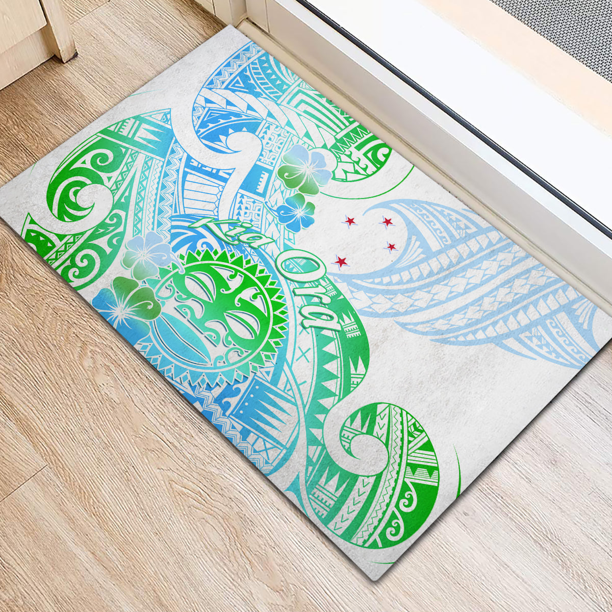 Kia Ora Maori New Zealand Pastel Rubber Doormat Sun Ta Moko Aqua Green Version LT01 - Polynesian Pride