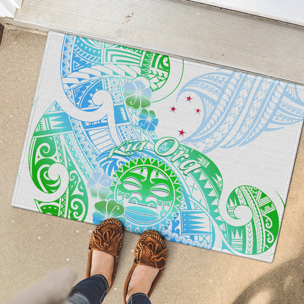 Kia Ora Maori New Zealand Pastel Rubber Doormat Sun Ta Moko Aqua Green Version LT01 - Polynesian Pride